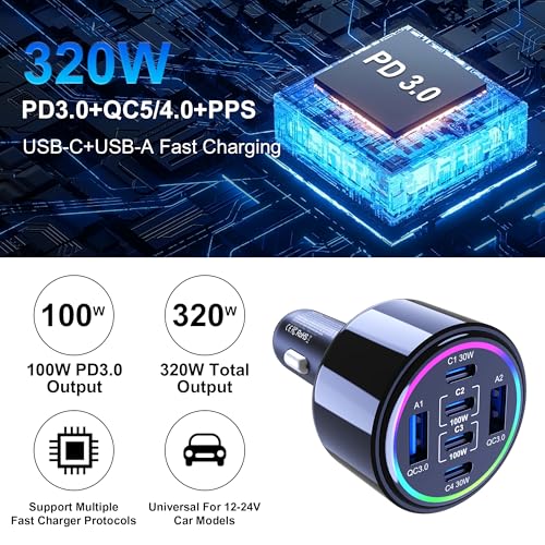 320W USB C Car Charger, 6 Ports Type C Car Charger, PD3.0/QC4.0/PPS Super Fast Charging for iPhone 17/16/15 Series, Galaxy S25/S24/23, iPad, MacBook Pro/Air, Laptop (Black)