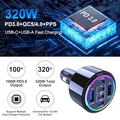 320W USB C Car Charger, 6 Ports Type C Car Charger, PD3.0/QC4.0/PPS Super Fast Charging for iPhone 17/16/15 Series, Galaxy S25/S24/23, iPad, MacBook Pro/Air, Laptop (Black)