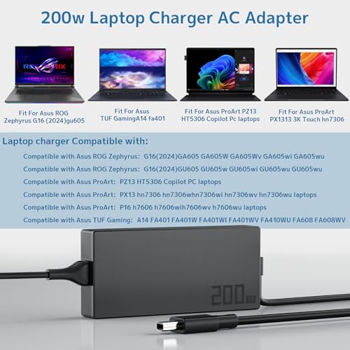Ac Adapter 200w Adp-200jb K Power Supply Fit for Asus Rog Zephyrus G14 G16 Ga605w Gu605 Ga605 Tuf Gaming A14 Fa401 and Proart Px13 P16 H7606 Pz13 Hn7306 Laptops Charger Rectangle Connector (Black 01) - color: black 01