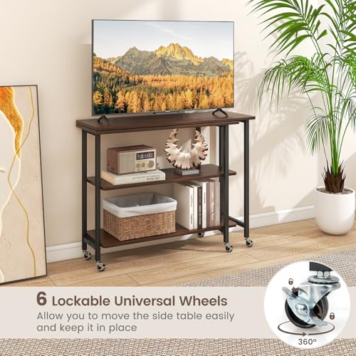 Giantex 360° Free Rotating Sofa Side Table, Mobile L-Shaped Laptop Desk with Sturdy Metal Frame, 6 Universal Casters, Movable Couch Snack Table with 2-Tier Storage Shelf for Home (Walnut) - color: Walnut