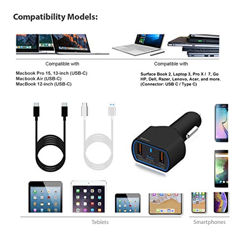 BatPower High Power Delivery 120W USB-C Laptop Car Charger Compatible with Surface Book Laptop 4 3 Pro 10 9 8 X 7 HP Razer Dell USB-C Laptop Vehicle Charger DC 12v-24v Auto Charger - color: Black