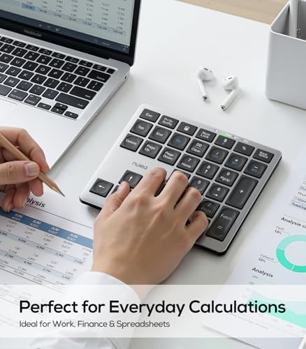 Nulea Wireless Number Pad Bluetooth 5.0 & 2.4G Portable Numeric Keyboard, USB-C Rechargeable, 34-Keys Bluetooth Keyboard for Data Entry, Compatible for Laptop, Mac, iMac, Tablet, PC Desktop | 34 Key Numeric Keypad with USB-C Charging, Portable Slim Design