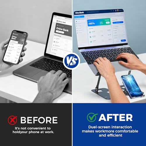 Ergonomic 2-in-1 Laptop Phone Stand for Desk, Adjustable Riser, Sturdy and Portable, Fits All Laptops and Phone（Dark Black） - color: Dark Black