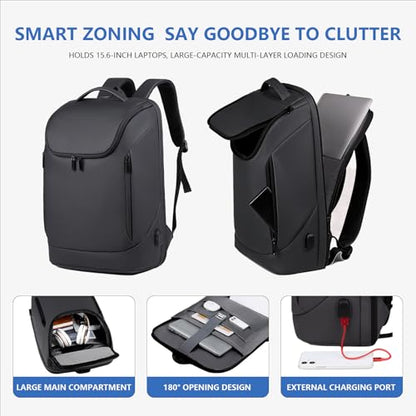 Business Backpack for Women & Men with USB Charging Port Waterproof Scratch-resistant Fabric 17in Travel Laptop Backpack Flight Approved Carry on Backpack Reinforced Breathable Straps Black - color: Black
