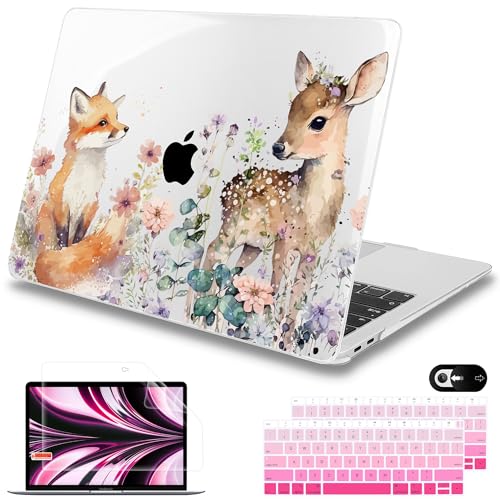 Mektron Case for MacBook Air 13 inch M1 A2337 A2179 A1932,Hard Cover 2018-2021 Air 13-inch with Touch ID, Exclusively Designed Protective Shell with Keyboard Skin+Screen Protector, Fox and Deer - color: Fox and Deer
