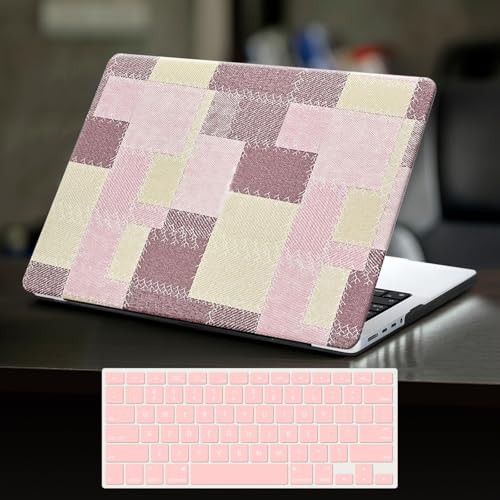 DTangLsm for Checkered MacBook Pro 14 inch Case M5 2026-2021 M4 M3 M2 M1 | Demin Texture Leather Hardshell Logo Cutout Case+Keyboard Cover (A3426 A3427 A3434 A3401 A3185 A3112 A2992 A2918 A2779 A2442) - color: Fabric Grid Pink