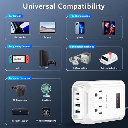 200W Car Power Inverter DC 12V to 110V AC Inverter with PD 65W/30W USB C & 2 QC 18W USB Ports & 2 AC Outlets,Car Pluɡ Adapter Outlet for Laptop/Phone/Road Trip - color: White