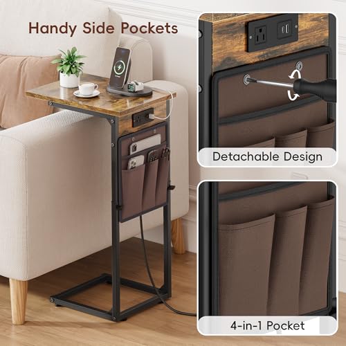 Vagusicc C-Shaped End Tables Set of 2 with Charging Station, 33'' Tall C Table Adjustable Height Side Table, Sofa Table for Couch, Couch Table that Slide Under Sofa, TV Trays for Living Room, Brown - color: 2pc Rustic Brown, style: With Plug