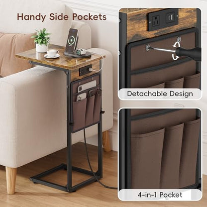 Vagusicc C-Shaped End Tables Set of 2 with Charging Station, 33'' Tall C Table Adjustable Height Side Table, Sofa Table for Couch, Couch Table that Slide Under Sofa, TV Trays for Living Room, Brown - color: 2pc Rustic Brown, style: With Plug