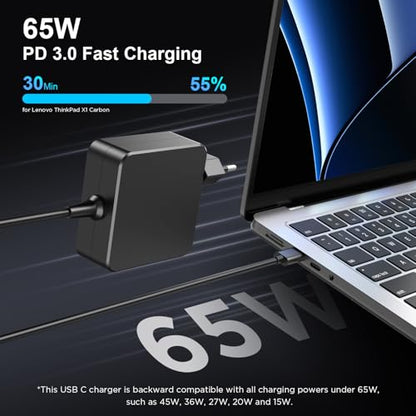 65W USB C Power Adapter，Type C Power PD Wall Fast Charger Compatible with Huawei Matebook,MacBook Pro/Air,Lenovo Chromebook,Dell XPS,HP Spectre,Acer Chromebook and Any Laptops or Smart Phones