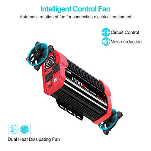 1000W Car Power Inverter | DC 12V to AC 110V Car Inverter with Dual AC Outlets and Dual 3.1A Quick Charging USB Port Car Adapter - size: 1000W