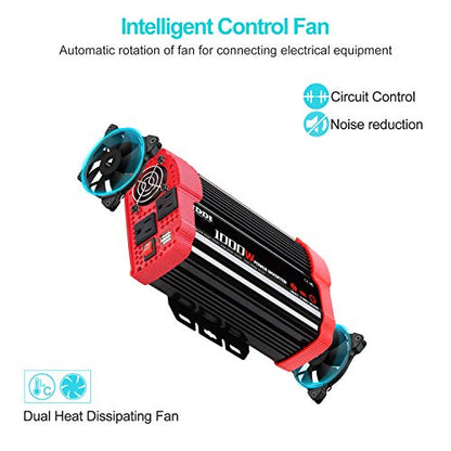 1000W Car Power Inverter | DC 12V to AC 110V Car Inverter with Dual AC Outlets and Dual 3.1A Quick Charging USB Port Car Adapter - size: 1000W