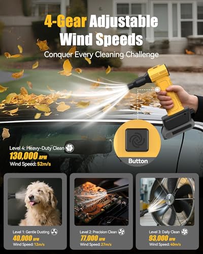 Compressed Air Duster, 130,000RPM Ultra-Powerful Electric Air Duster | Compatible with DEWALT 20V/60V Max Battery, 4-Gear Adjustable Air Blower for Computer/Keyboard/Car/Home (No Battery Included) - color: Yellow