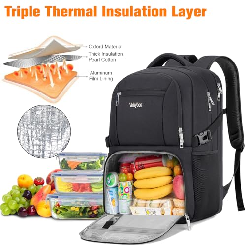 Insulated Lunch Backpack Fit 17" Laptop with Cooler Compartment | 2 In 1 Work Backpack with Lunch Box, Lunch Compartment, Water-Resistant, Lightweight, College Couputer Bag, Men & Women - color: Black