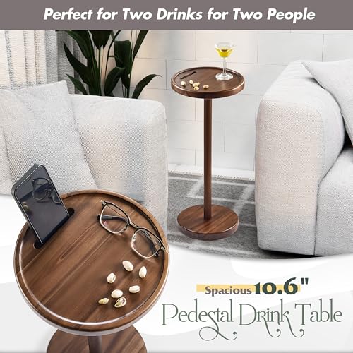 BLUEWEST 24.4 in Tall Compact Drink Table, Flat Top, Weighted Base, Walnut | Durable Pedestal Accent Table for Living Rooms, Bedrooms or Offices, with a Compact Design for Cocktails and Everyday Drinks. - color: Large Walnut