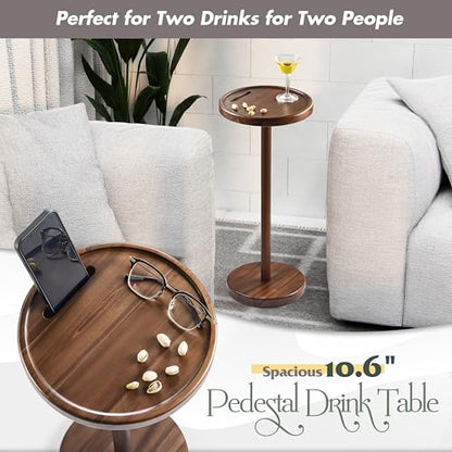 BLUEWEST 24.4 in Tall Compact Drink Table, Flat Top, Weighted Base, Walnut | Durable Pedestal Accent Table for Living Rooms, Bedrooms or Offices, with a Compact Design for Cocktails and Everyday Drinks. - color: Large Walnut