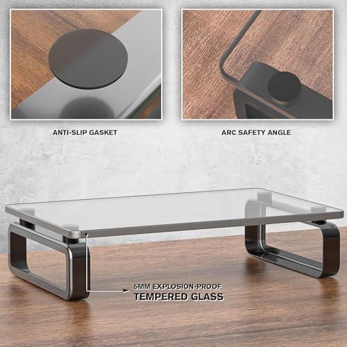 Hemudu Computer Monitor Stand Riser Multi Media Desktop Stand for Flat Screen LCD LED TV, Laptop/Notebook, with Tempered Glass and Metal Legs, Black HD02B-001U - color: black