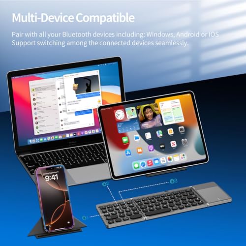 Ultra Slim Foldable Wireless Keyboard with Holder, Pocket Folding Keyboards with Touchpad for Smartphone Tablet and Laptop