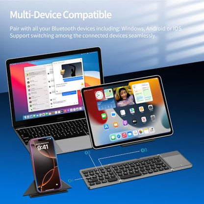 Ultra Slim Foldable Wireless Keyboard with Holder, Pocket Folding Keyboards with Touchpad for Smartphone Tablet and Laptop