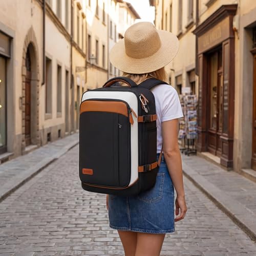 Vancropak 40L Carry on Backpack for Travel, Flight Approved Expandable Bag | 3 Packing Cubes, 17.3" Laptop Compartment, Water-Resistant, Anti-Theft, Lightweight Weekender Travel Bag, Business Backpack - color: Black White Light Brown