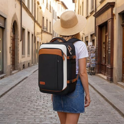 Vancropak 40L Carry on Backpack for Travel, Flight Approved Expandable Bag | 3 Packing Cubes, 17.3" Laptop Compartment, Water-Resistant, Anti-Theft, Lightweight Weekender Travel Bag, Business Backpack - color: Black White Light Brown