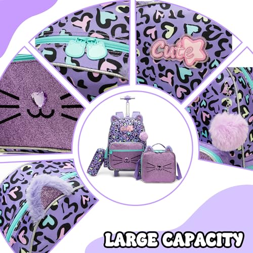 Meetbelify Backpack with Wheels for Girls Rolling Backpack Cute Carry on Backpack for Elementary Student - color: Cat Purple