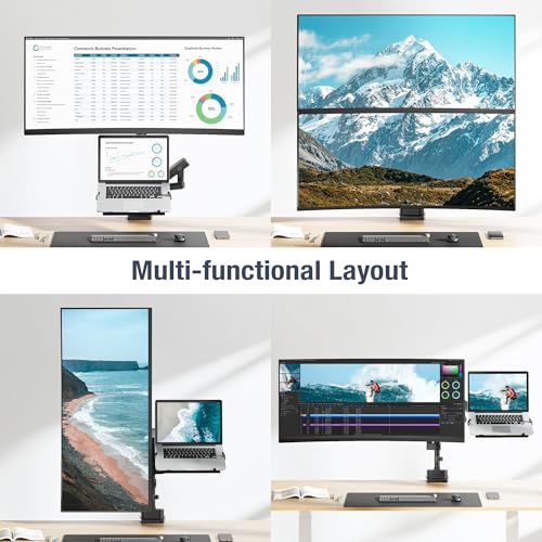 AVLT Laptop & Monitor Arm Pole Top Mount for 17-38" Screens - Black | Supports flat/curved/ultrawide screens up to 26.4 lbs. Mechanical spring, laptop tray, height adjustment and cable routing. - size: Laptop & 38 Inch Monitor Pole Arm