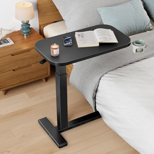 HUANUO 28Inch Bedside Table with Wheels, Height-Adjustable Rolling Computer Cart, Overbed Table with Cup Holder, Pneumatic Laptop Standing Desk for Home Office, Black - color: Black, size: Small-28 Inch