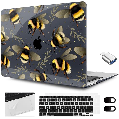 MEEgoodo for MacBook Air 13.3 inch Case 2021 2020 2019 2018 A2337 M1 A2179 A1932, Laptop Shell with Keyboard Webcam Cover & Trackpad Film & Type C Adapter for MacBook Air M1, Bumblebee & Leaves - color: Bumblebee & Leaves