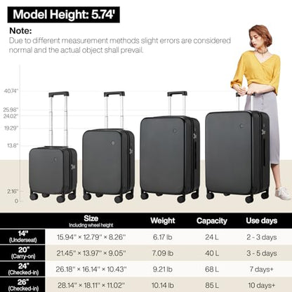 mixi Upgrade Luggage Suitcases with Spinner Wheels, Large Hardside Rolling Suitcase PC with TSA Lock Travel Case 26in Checked in, Fine Grid Black - color: Fine Grid Black, size: 26in Checked in
