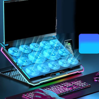Gaming Laptop Cooling Pad, RGB Laptop Cooler Stand, 8 Levels Height Adjustable, Laptop Cooler with 2 USB Ports for Various Devices from 12 to 19 Inches (14 Fans)