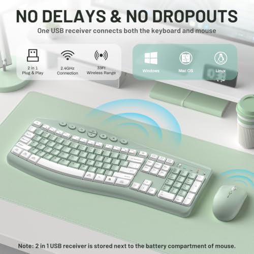 Wireless Keyboard and Mouse Combo Silent Ergonomic Curved Design for Office - color: Avocado green-A