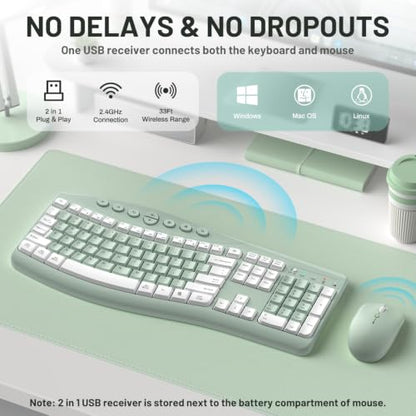 Wireless Keyboard and Mouse Combo Silent Ergonomic Curved Design for Office - color: Avocado green-A