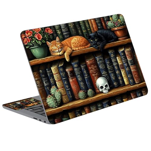 Universal Laptop Skin Sticker Decal with 2 Wrist Pad Skins, Waterproof Scratch Vinyl Cover for 11–15.6 Inch MacBook, HP, Dell, Lenovo, Cutable & Reusable,Gothic Skull Cat Bookshelf - color: Gothic Skull Cat Bookshelf