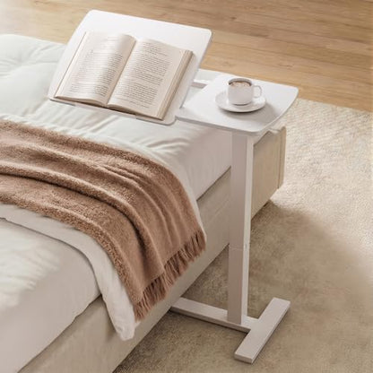 Sakugi Overbed Bedside Table with Wheels, Height Adjustable Laptop Desk, Hospital Bed Table with Right-Side Tilt Top, Rolling Bed Tray for Home & Office,12.9" D × 27.6" W × 29.1"–39" H, White - color: White