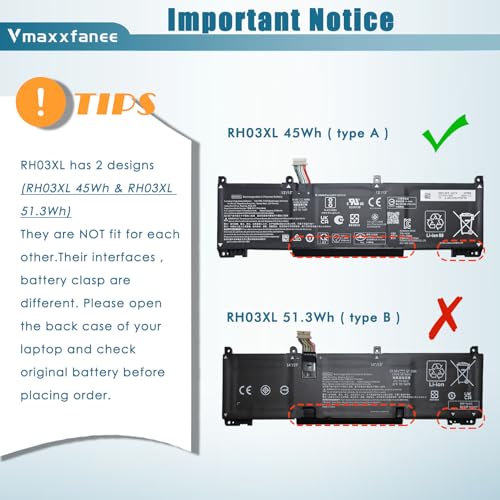 45wh RH03XL M02027-005 Laptop Battery Replacement for ProBook 430 440 445 450 630 640 650 G8 Series HSTNN-IB9Q HSTNN-DB0B HSTNN-UB7X HSTNN-OB1T M01524-2B1 M01524-AC1 M01524-1D1 - size: 9.84*2.95*0.23 inch RH03XL