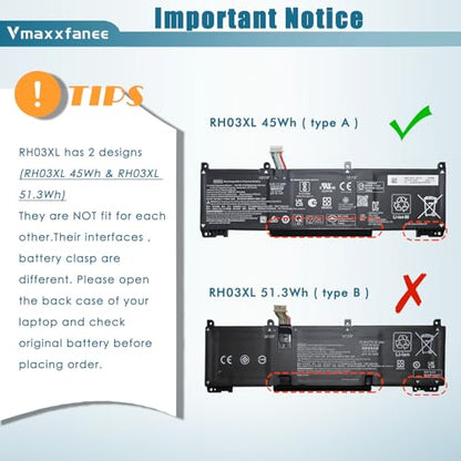 45wh RH03XL M02027-005 Laptop Battery Replacement for ProBook 430 440 445 450 630 640 650 G8 Series HSTNN-IB9Q HSTNN-DB0B HSTNN-UB7X HSTNN-OB1T M01524-2B1 M01524-AC1 M01524-1D1 - size: 9.84*2.95*0.23 inch RH03XL
