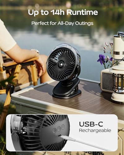 SWEETFULL Portable Misting Clip On Fan, USB-C Rechargeable Mini Personal Cooling Fan with 4 Speeds, 360° Rotatable, Quiet Cooling for Outdoor, Camping, Golf Cart, Travel, Stroller & Desk (Black) - color: Black