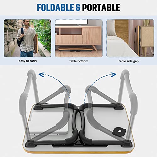 Zapuno Foldable Laptop Bed Table Multi-Function Lap Bed Tray Table with Storage Drawer and Water Bottle Holder, Serving Tray Dining Table with Slot for Eating, Working on Bed/Couch/Sofa - color: Beige1