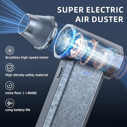 Cordless Compressed Air Duster, 150000RPM Super Power Electric Air Duster, 3-Gear Adjustable Mini Air Blower for Computer, Keyboard, Outdoor, House and Car Cleaning (Silvery)