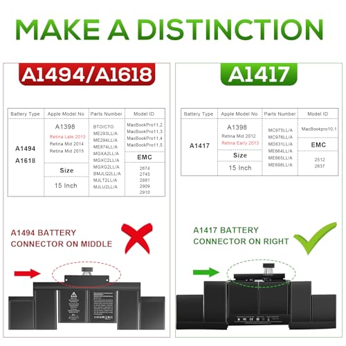 Futurebatt A1417 Replacement Battery for MacBook Pro 15 inch Model A1398（Early 2013 Mid 2012）, Model EMC 2673 2512 Identifier: MacBookPro10,1 MC975LL/A ME665LL/A - size: A1417 14.61, 6.73, 0.98in