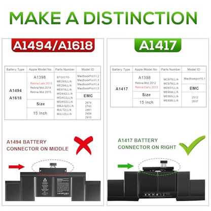 Futurebatt A1417 Replacement Battery for MacBook Pro 15 inch Model A1398（Early 2013 Mid 2012）, Model EMC 2673 2512 Identifier: MacBookPro10,1 MC975LL/A ME665LL/A - size: A1417 14.61, 6.73, 0.98in