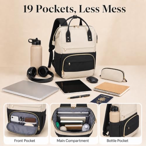 Laptop Backpack for Women, 15.6 Inch Work Backpack Purse with Large Capacity, Water-Resistant Nurse Bag, College Bookbag for School, Casual Travel Daypack, Black and Beige - color: Black and Beige