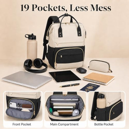 Laptop Backpack for Women, 15.6 Inch Work Backpack Purse with Large Capacity, Water-Resistant Nurse Bag, College Bookbag for School, Casual Travel Daypack, Black and Beige - color: Black and Beige