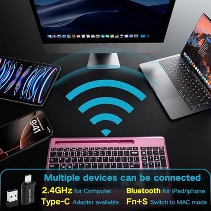 Hamile Wireless Backlit Keyboard with Wrist Rest, Rosepink | 2.4G and Bluetooth keyboard with 8 backlight effects, slim rechargeable silent keys, holder, and Windows/Mac support - color: RosePink