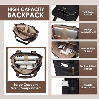 GOLF SUPAGS Convertible Laptop Backpack for Women Casual Daypack Notebook Tote Bag for Work College Travel Leisure (Black) - color: Black