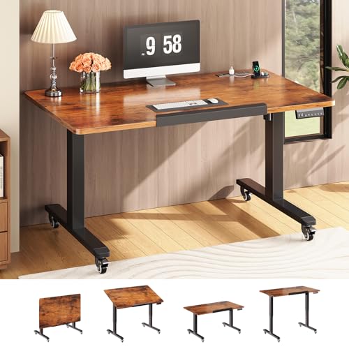 SEDETA 47 x 24 Inches Electric Standing Desk, 180° Tiltable Mobile Rising | Computer Desk Height Adjustable with Wheels for Drawing/Writing/Gaming/Study/Home Office/Small Space, Rustic Brown - color: Rustic Brown, size: 47 x 24 Inches