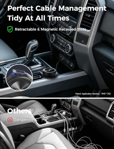 Retractable USB C Car Charging Cable for Ford F150/Escape/Explorer, 360° Rotating Base, Supports USB C & USB A Ports, Compatible with iPhone 15/16/17 & Samsung Galaxy, Car Interior Accessories