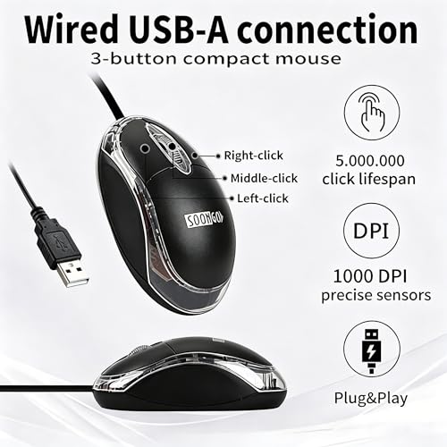 SOON GO Wired Mouse-USB Wired Mouse,Ergonomic Optical Design,1.5M USB Cable, Plug & Play for PC/Laptop/Desktop (Black) - color: Black