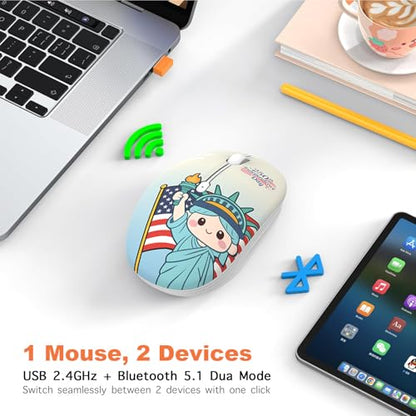FMOUSE 250th Independence Day Wireless Mouse, Cute Patriotic Liberty Statue, Silent, 2.4G & Bluetooth, 4th of July Gift for Kids Teen Girls Students, AA Battery, Laptop MacBook iPad PC Chromebook - color: Liberty Statue